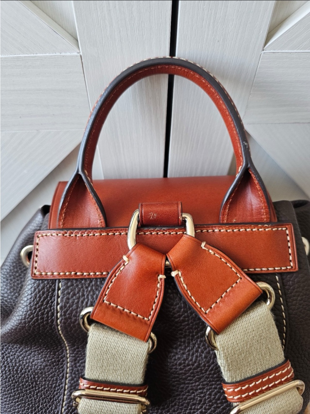 Dooney & Bourke Dark Brown Pebbled Leather Backpack with Saddle Tan Trim - Picture 7 of 7